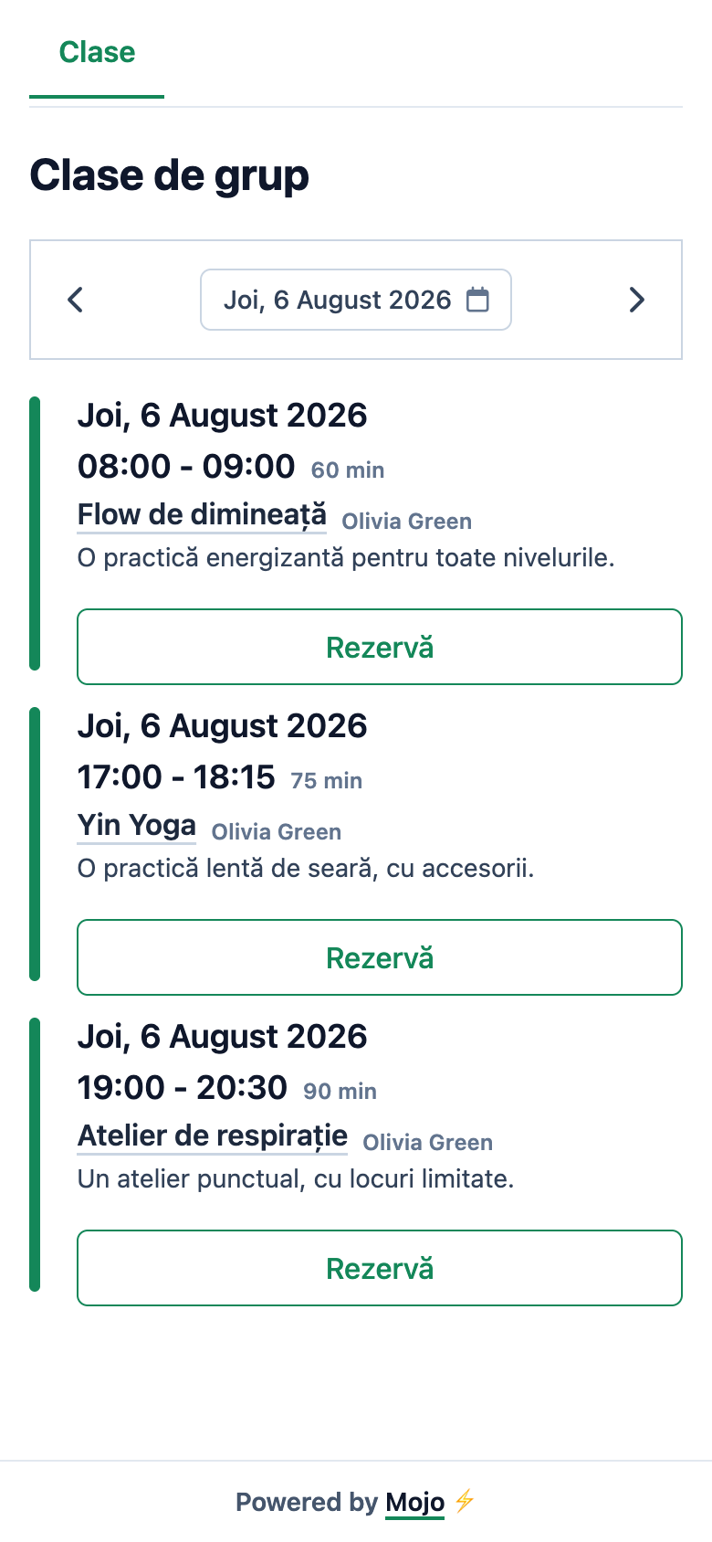 Pagina mobilă Mojo cu clase de Flow, Yin Yoga și un atelier de respirație