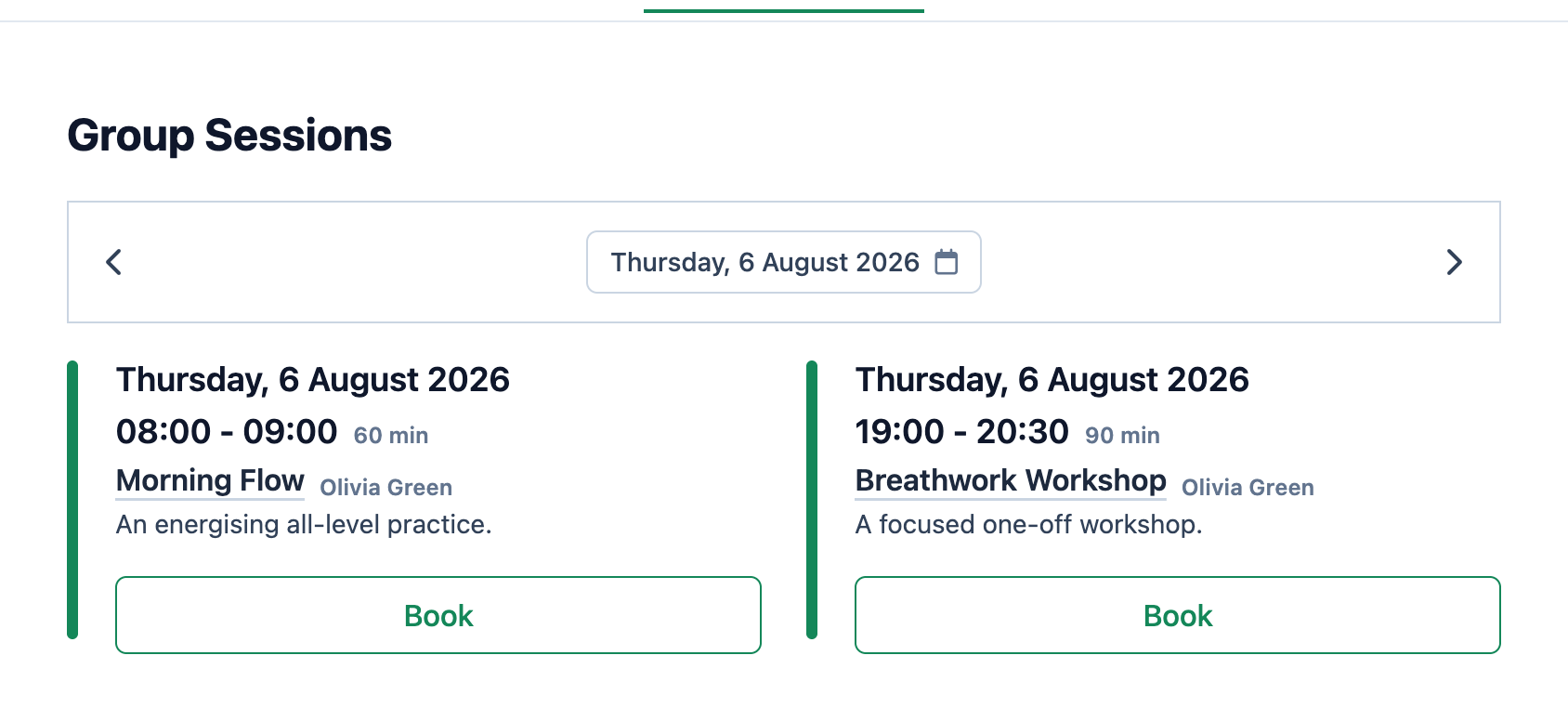 The Riverlight Yoga booking page with Morning Flow and Breathwork Workshop sessions ready to book