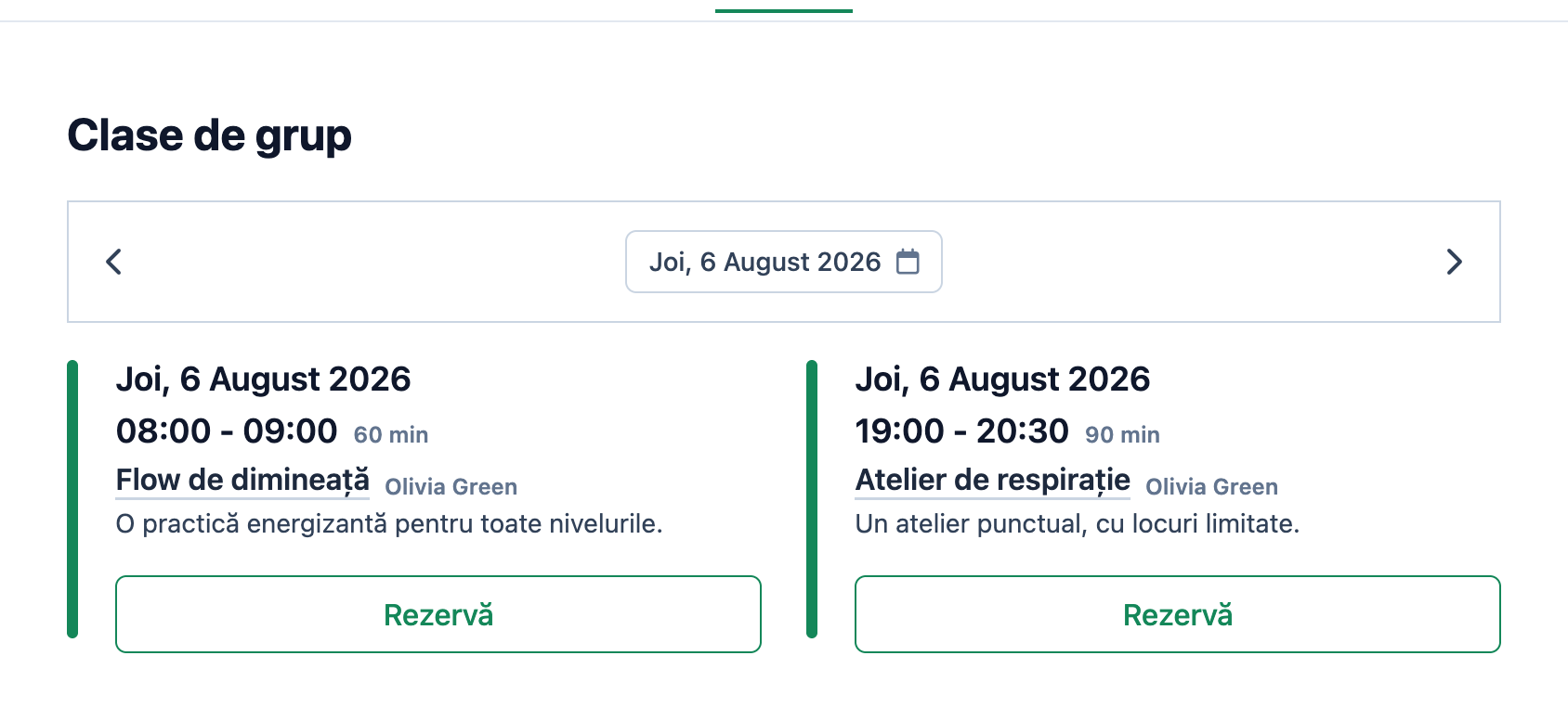 Pagina de rezervări Riverlight Yoga cu o clasă de Flow și un atelier de respirație disponibile pentru rezervare