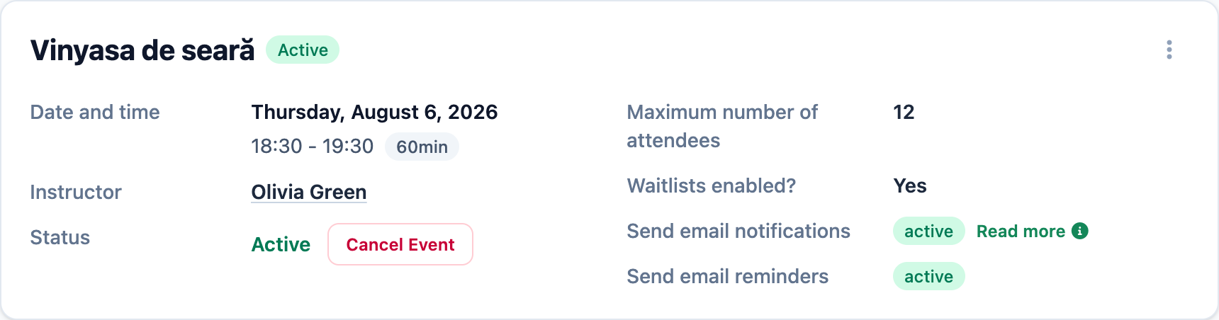 Clasa Vinyasa de seară în Mojo, cu instructor, capacitate, listă de așteptare și remindere prin email